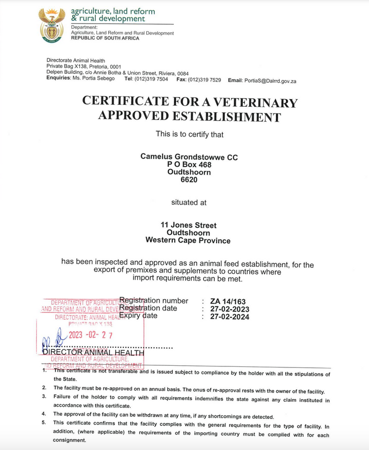 Certificate of a veterinary approved establishment