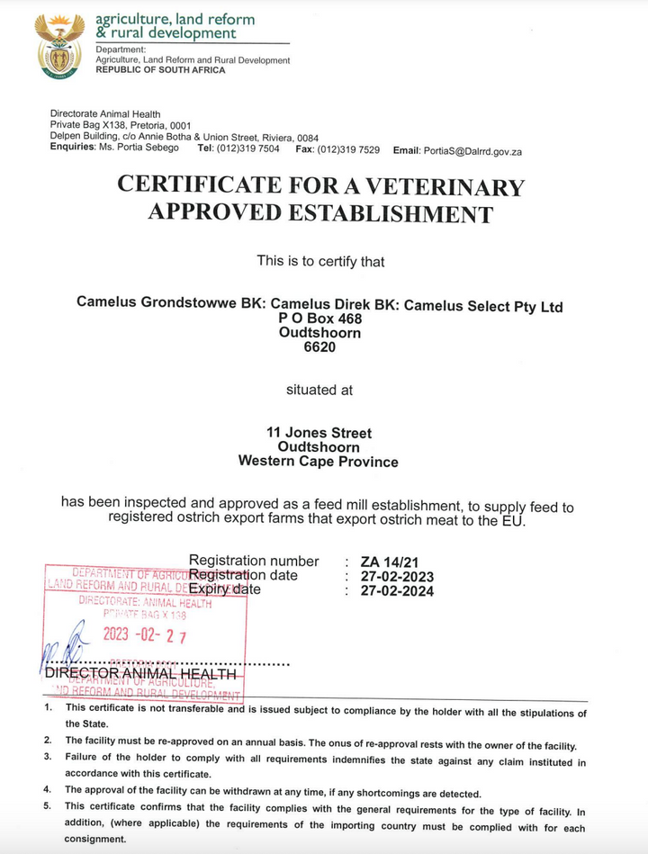 Certificate of a veterinary approved establishment