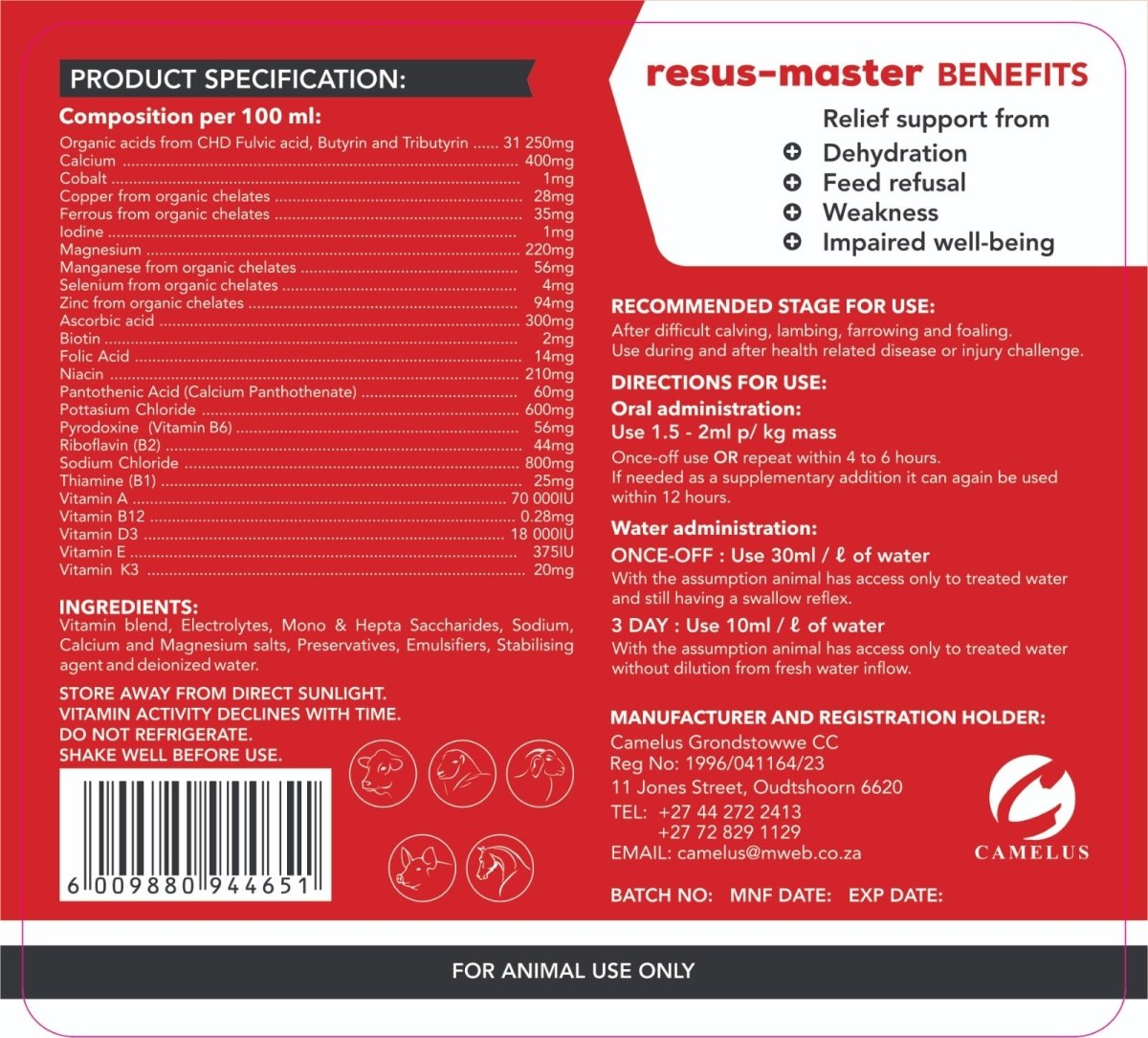 Resus - Master - Emergency Recovery, Vitality &amp; Hydration Support for Livestock (5L) - Camelus - Camelus