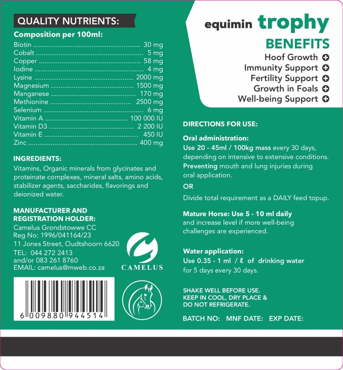 Equimin Trophy (Supplement For Horses & Game) - Camelus - Hoof Health | Fertility | Immunity | Growth | General Well - Being